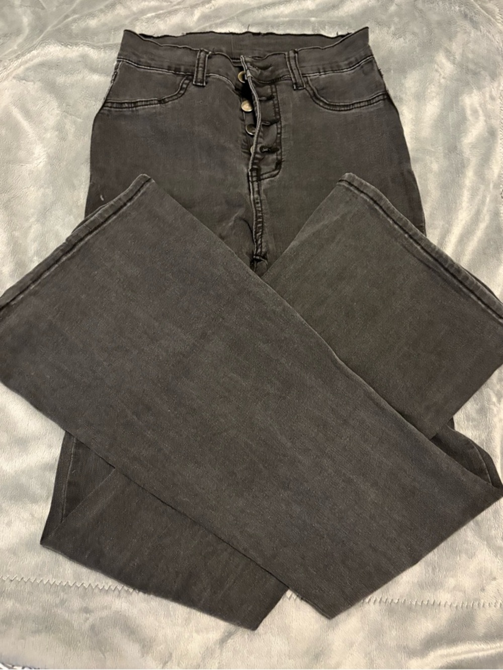 SHEIN High-Rise Button-Fly Bell Bottom Jeans - Charcoal Black